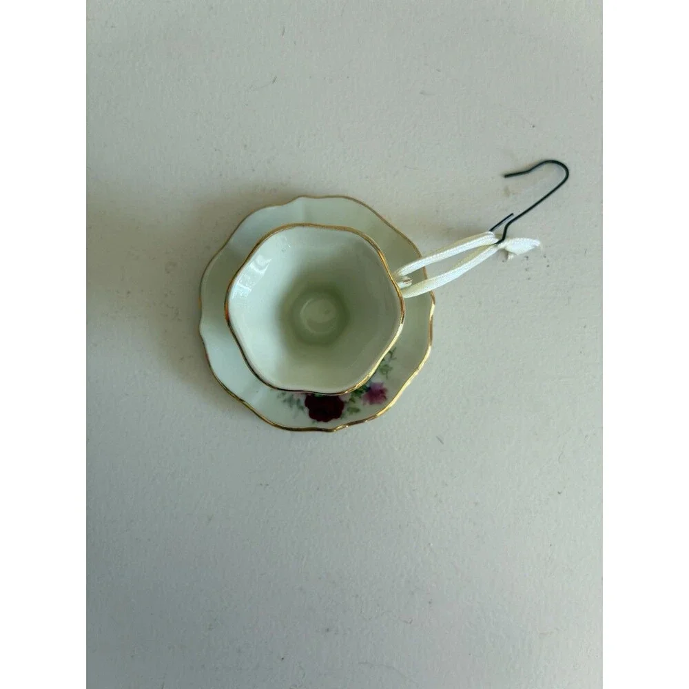 Vintage Floral Painted Tea Cup Saucer Ornament Gold Trim Cottagecore Christmas